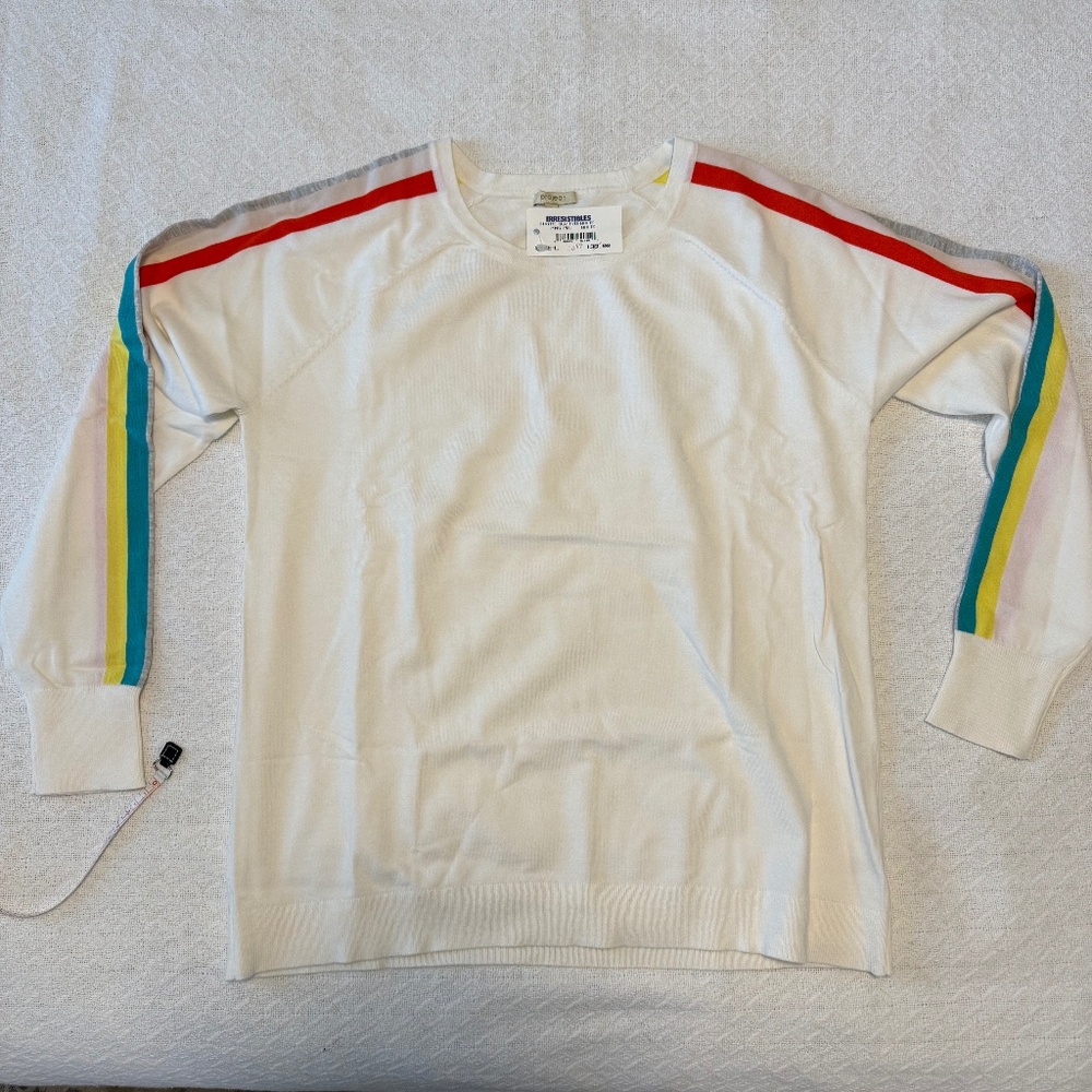 light weight white sweater with stripes on sleeves, large